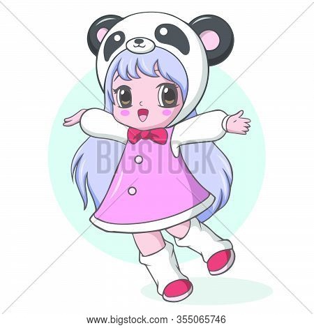 Vector Illustration Of Cute Little Girl Dressed As A Panda