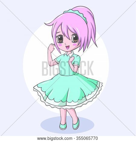 Vector Illustration Of Cartoon Cute Little Girl In Blue Dress