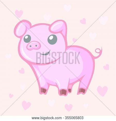 Vector Illustration Of Cute Kawaii Little Pig With Hearts