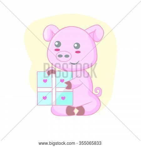 Vector Illustration Of Cute Little Pig Sitting And Holding A Gift
