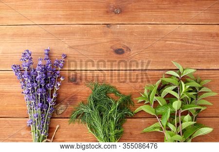 gardening, ethnoscience and herbs concept - bunches of lavender, dill and peppermint on wooden background