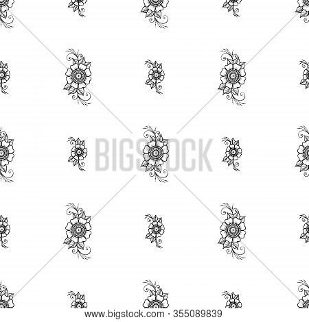 Seamless Pattern Of Flowers In Indian Style. Mehndi Henna Tattoo Hand Drawn Background For Textile, 