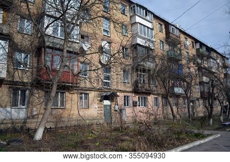 Soviet tme (1960-th) residential area in Kiev. Exterior. March 08, 2020. Kiev , Ukraine