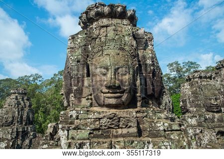 The Mystery Face Towers In Bayon Temple, Temple Of King Jayavarman Vii. The Faces Were Believed To R