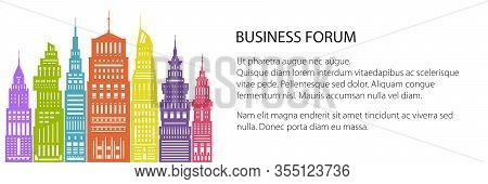 Banner Of An Architectural Metropolis, Silhouette Colorful Modern Big City With Buildings And Skyscr