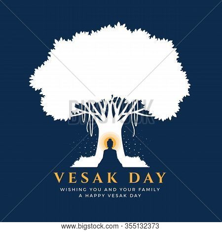 Visak Day With Nightly Scenery Buddha Meditation Under Bodhi Tree On Blue Background Vector Design