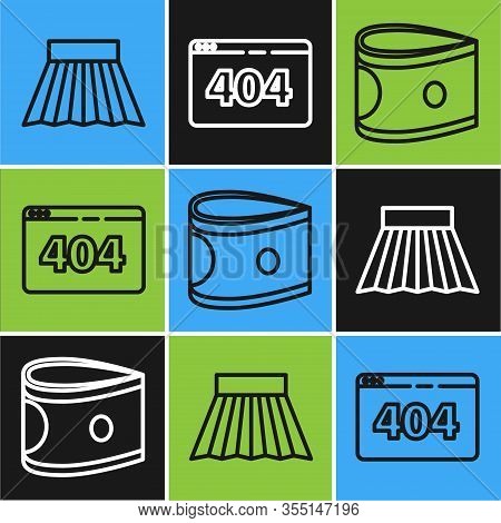 Set Line Skirt, Stacks Paper Money Cash And Page With A 404 Error Icon. Vector