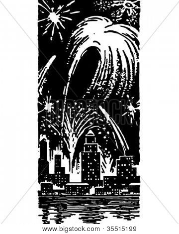Feuerwerk über der Stadt retro Clipart Abbildung