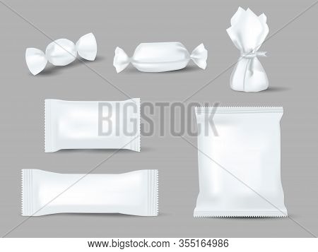Realistic Mockups Of Candy Wrappers On Grey Background. Sweet, Biscuit, Wafer, Cracker, And Chocolat