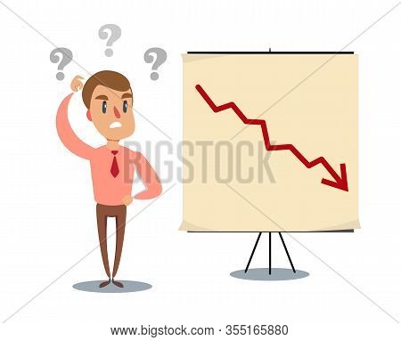 Shocked Man In A Suit Watch On The Board With A Declining Arrow. Falling Indicator Of Economic Prosp