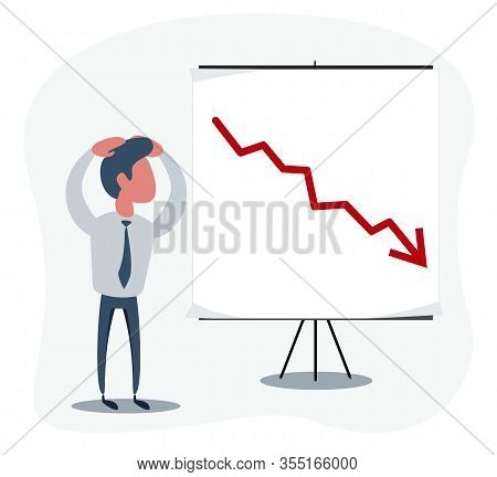 Shocked Man In A Suit Watch On The Board With A Declining Arrow. Falling Indicator Of Economic Prosp