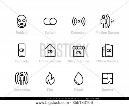 Robber Detectors And Security Icons. Protection, Switch, Motion Sensor, Fire, Flood, Room, Control. 