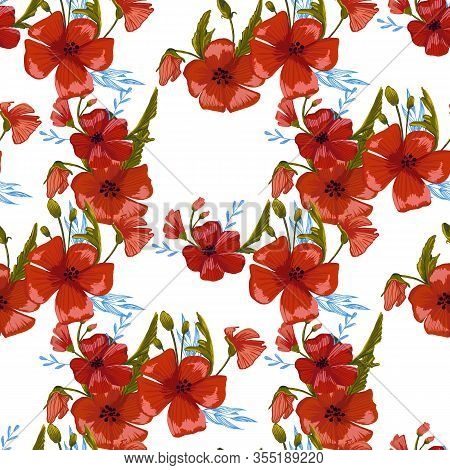 Seamless Pattern Simple  Red Poppies. Scattered Red Flowers  Vector Pattern Background