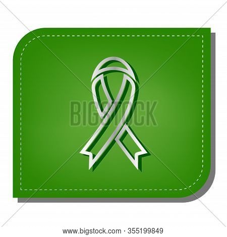 Black Awareness Ribbon Sign. Silver Gradient Line Icon With Dark Green Shadow At Ecological Patched 