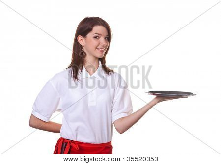 young woman as a waitress serving drinks on a tray