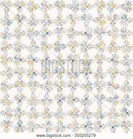 Rench Shabby Chic Azulejos Tile Vector Texture Background. Trellis Grid Yellow Blue On Off White Sea