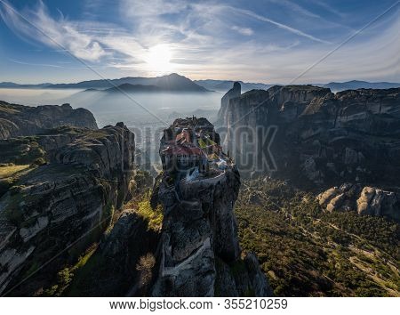 Kalambaka, Greece,  Aerial View Of Monastery Varlaam And Breathtaking Pictures Of Valley And Landmar