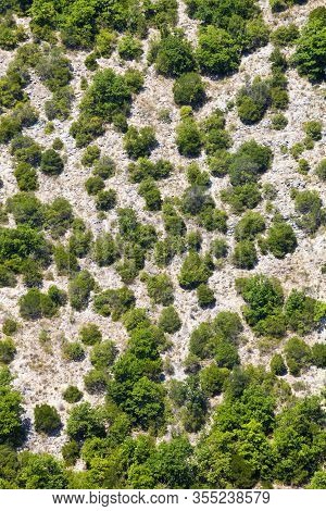 Generic Mountain Vegetation. Aerial View. Trees And Terrain. Mountain Italian Umbrian With Top View.