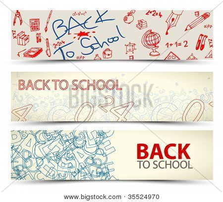 Voltar para bandeiras de vector escola com desenhos, rabiscos e letras