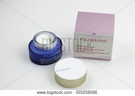 Russia, Saratov - March , 2020: Clarins Multi-active Creme Nuit Normal Skin