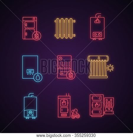 Heating Neon Light Icons Set. Boilers, Radiators, Water Heaters. Gas, Electric, Solid Fuel, Pellet, 