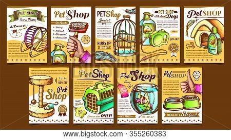 Pet Shop Assortment Advertising Posters Vector. Aquarium And Birdcage, Running Wheel And Food Bowl, 