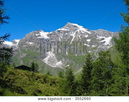 Montagna bella Vieuw con alberi di fronte e alcuni neve sulla parte superiore