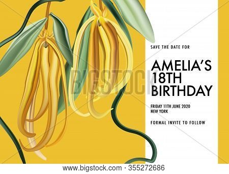 Macro Ylang Ylang Flower Yellow Birthday Greeting Card. Floral Hand Drawn Realistic Leaves And Flowe