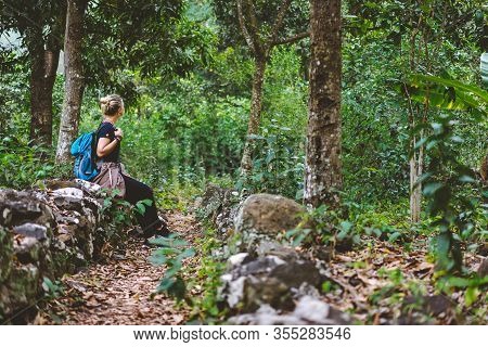 Female Traveler Rest During Hike In Coffee Plantation On Santo Antao Cape Verde