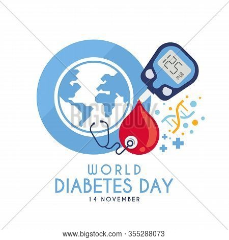 World Diabetes Day With Blood Are Glucose Testing ,dna Sign ,stethoscope And World In Blue Ring Circ
