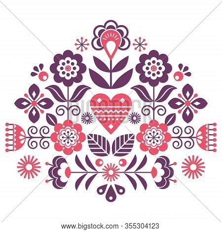 Scandinavian Folk Flowers Vector Design, Cute Spirng Floral Pattern Inspired By Traditional Embroide