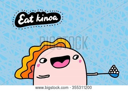 Eat Kinoa Hand Drawn Vector Illustration In Cartoon Comic Style Man Happy Holding Spoon