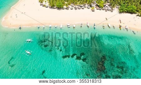 Beautiful Tropical Island In Sunny Weather, View From Above. Daco Island, Philippines. White Sandy B