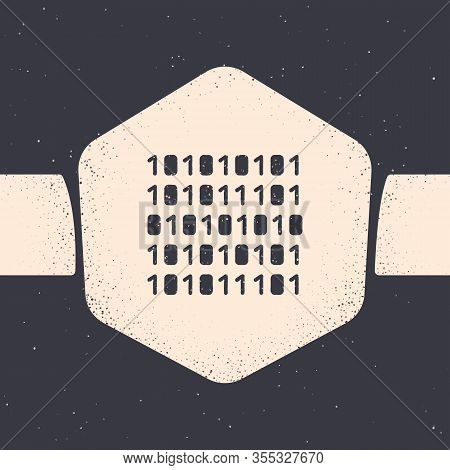 Grunge Binary Code Icon Isolated On Grey Background. Monochrome Vintage Drawing. Vector Illustration