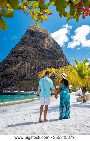 Saint Lucia Caribbean Island, Couple On Luxury Vatation At The Tropical Island Of Saint Lucia, Men A