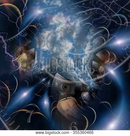 Men with TV instead of head. Time spirals and planetary fractal. 3D rendering