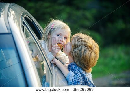 Little Boy Say Good Bye With Little Girl. Bye Bye. Cute Children Saying Goodbye Before Car Travel. G