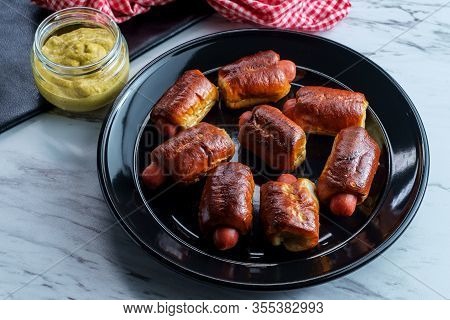 Mini Pretzel Hot Dog Pigs In A Blanket With Dijon Mustard For Dipping