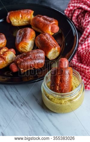 Mini Pretzel Hot Dog Pigs In A Blanket With Dijon Mustard For Dipping