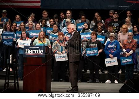 Saint Louis, MO, USA - March 9, 2020: Senator Bernie Sanders addresses supporters at the Bernie 2020 Rally in Downtown Saint Louis.