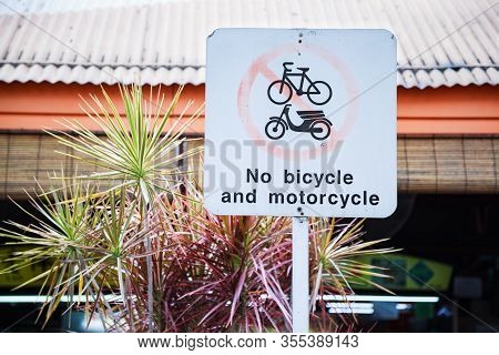 No Bicycle And Motorcycle Traffic Sign Keeps Cyclists From Pedestrian Areas And Playgrounds. Prevent