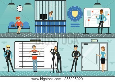 Police Department Interior With Receptionist, Policemen, Suspected Man Posing For Mugshot Holding Si