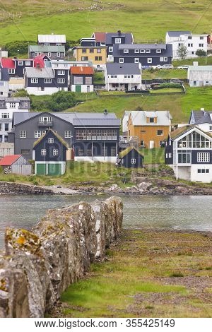 Picturesque Colorful Coastline Village Of Sandavagur. Faroe Islands Landscape