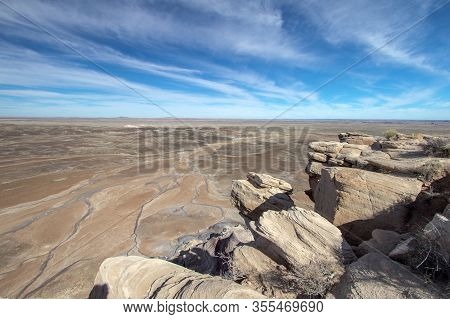 Dry Barren Desert Background. Vast Remote Desert Landscape At An Overlook In The Painted Desert Petr