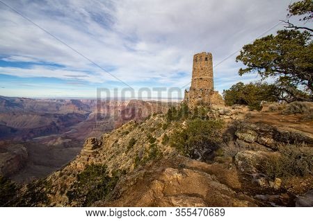 Grand Canyon Watchtower. View From The Rim Of The Grand Canyon National Park At The Desert View Watc