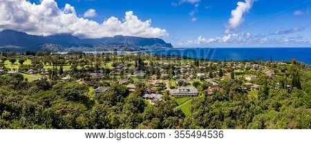 Aerial Panorama Of Princeville And Bali Hai With Hanalei Bay In Kauai In The Distance