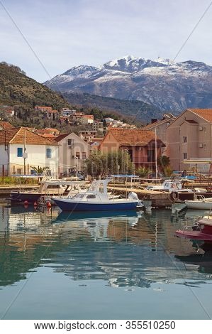 Beautiful Mediterranean Landscape With Small Harbor For Fishing Boats.  Montenegro, Adriatic Sea, Ba