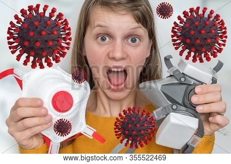 Scared Woman Chooses Ffp3 Respirator Mask - Sars, Mers, Coronavirus Concept