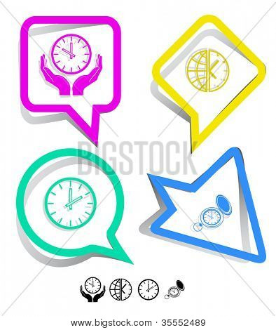 Affaires jeu d'icônes. Horloge, globe et horloge, horloge dans les mains, regardez. Autocollants papier. Raster illustratio