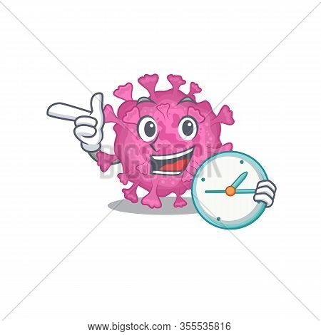 Cheerful Corona Virus Organic Cartoon Character Style With Clock